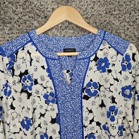 Talbots Top Womens Small Blue Floral Print Semi Sheer V‎ Neck Blouse Casual - Picture 4 of 7